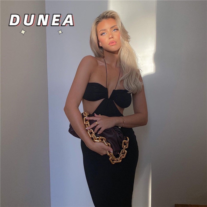 Đầm hai dây DUNEA cổ V màu trơn xẻ tà quyến rũ
