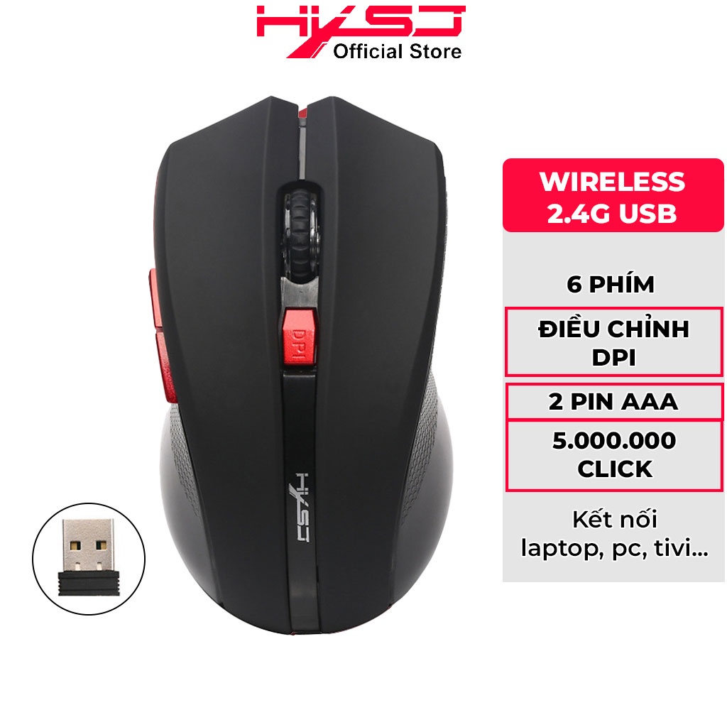 Chuột không dây HXSJ X50 Red/Black có nút trợ năng, điều chỉnh 2400DPI chuyên dùng chơi game, máy tính, laptop, tivi