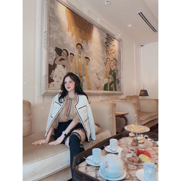 Áo khoác dạ tweed kẻ khuy ngọc dáng dài hàng chuẩn SDD | BigBuy360 - bigbuy360.vn