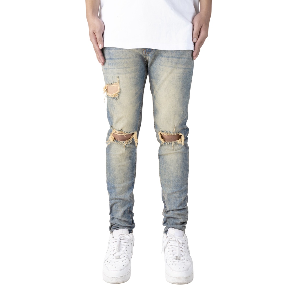 Quần jean nam streetwear cao cấp FNOS NZ10 màu xanh rách gối form slimfit jean thun co giãn