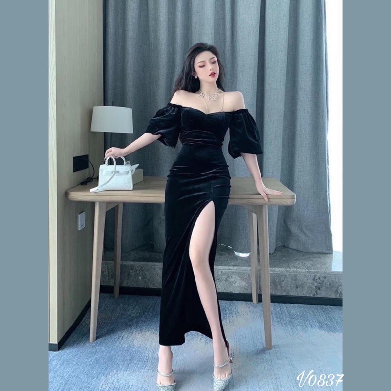 Đầm maxi nhung xẻ đùi tay phồng kèm hình thật