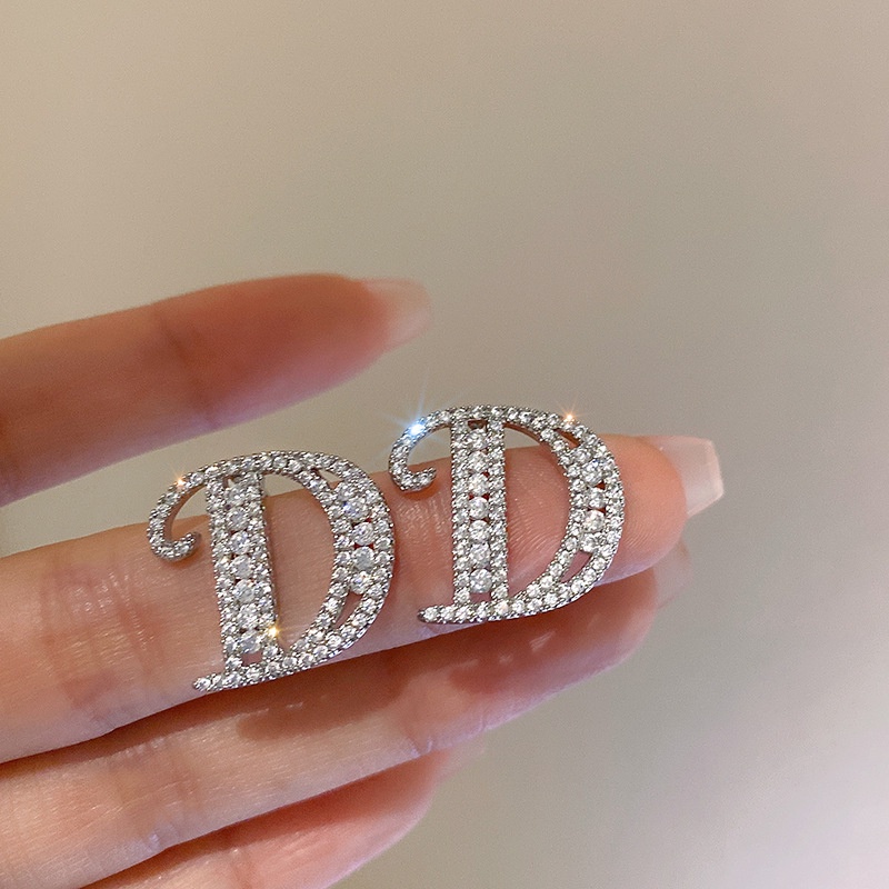 Bông Tai Mạ Bạc 2022 Hình Chữ D Đính Đá Zircon Phong Cách Hàn Quốc
