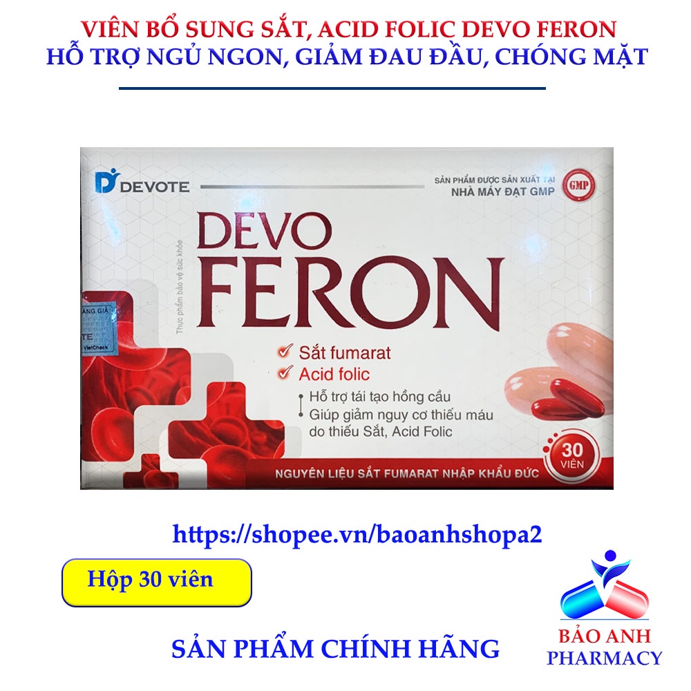 Viên uống bổ máu DEVO FERON – Bổ sung Sắt, Acid folic, Vitamin B12 hỗ trợ tái tạo hồng cẩu, giảm nguy cơ thiếu máu – H30
