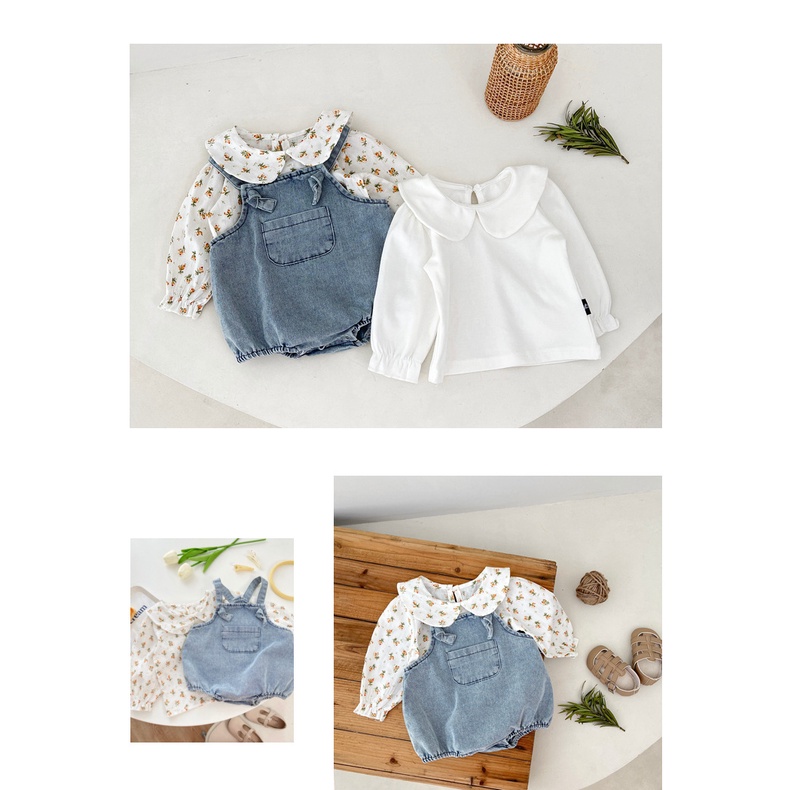 Áo Sơ Mi Cổ Búp Bê Họa Tiết Hoa Kèm Quần Yếm denim Thời Trang Mùa Thu Cho Bé Gái