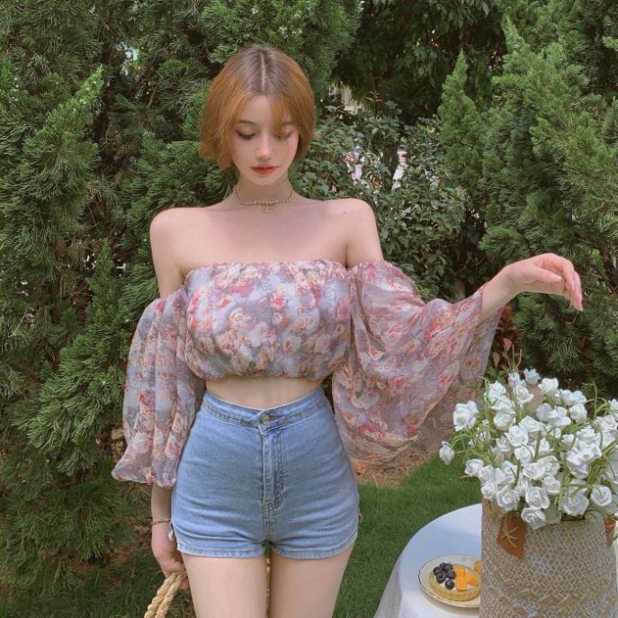 Áo trễ vai tay bồng dài phồng croptop kiểu nữ in họa tiết hoa LUHAZO  dễ thương phong cách Hàn Quốc thời trang mùa hè K