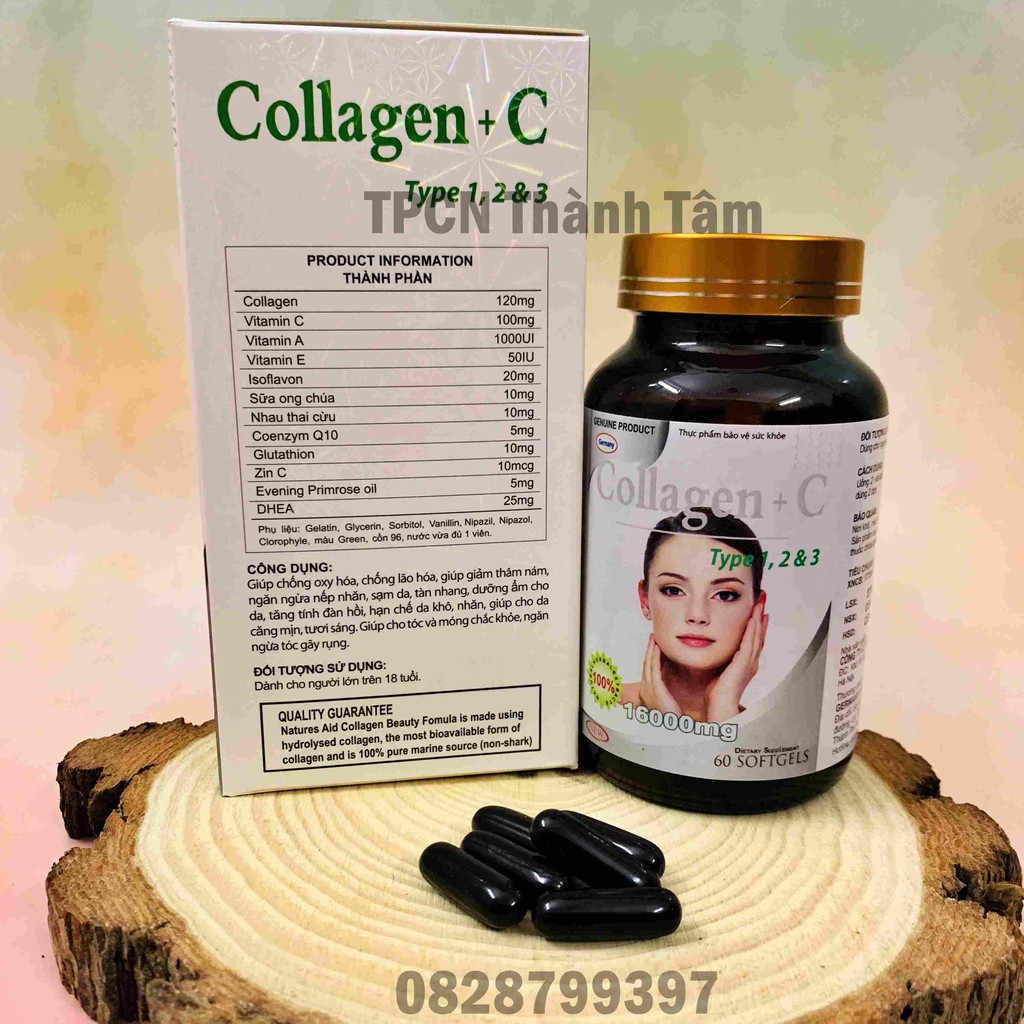 Viên uống COLLAGEN +C bổ sung collagen, vitamin e giúp chống lão hóa, cải thiện nếp nhăn - Hộp 60 viên tiêu dùng 30 ngày