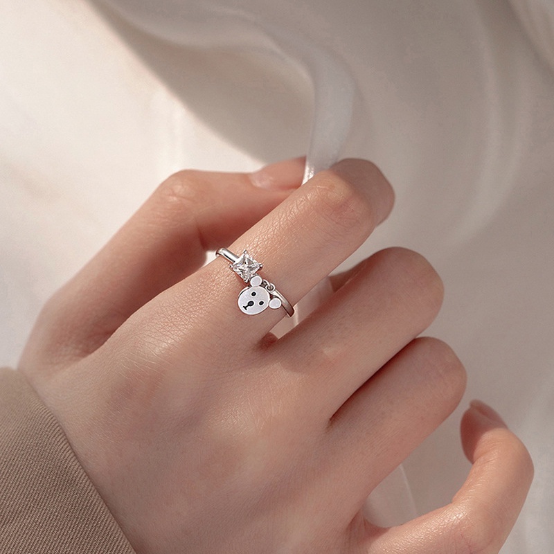 Nhẫn nữ zircon vuông dễ thương thời trang hàn quốc nhẫn mở gấu tinh tế