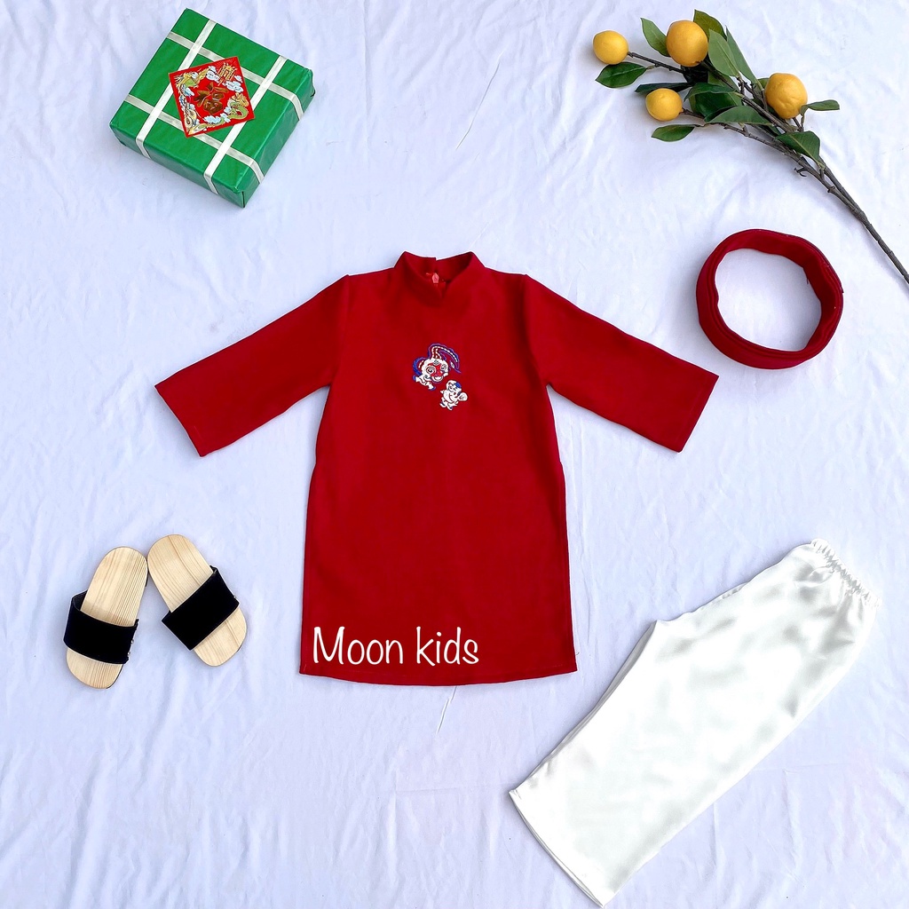 Áo Dài Tết Cho Bé Trai Chất Liệu Nhung Thêu Hình Dễ Thương