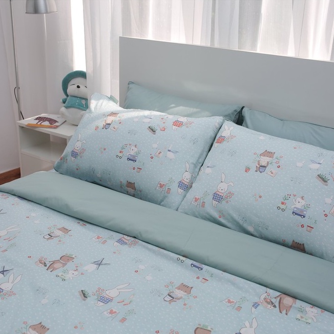 Bộ chăn ga gối 100% Cotton satin Hàn drap giường kích thước 1m6x2m/1m8x2m/2mx2m2 thương hiệu Homecoming thỏ xanh vintage
