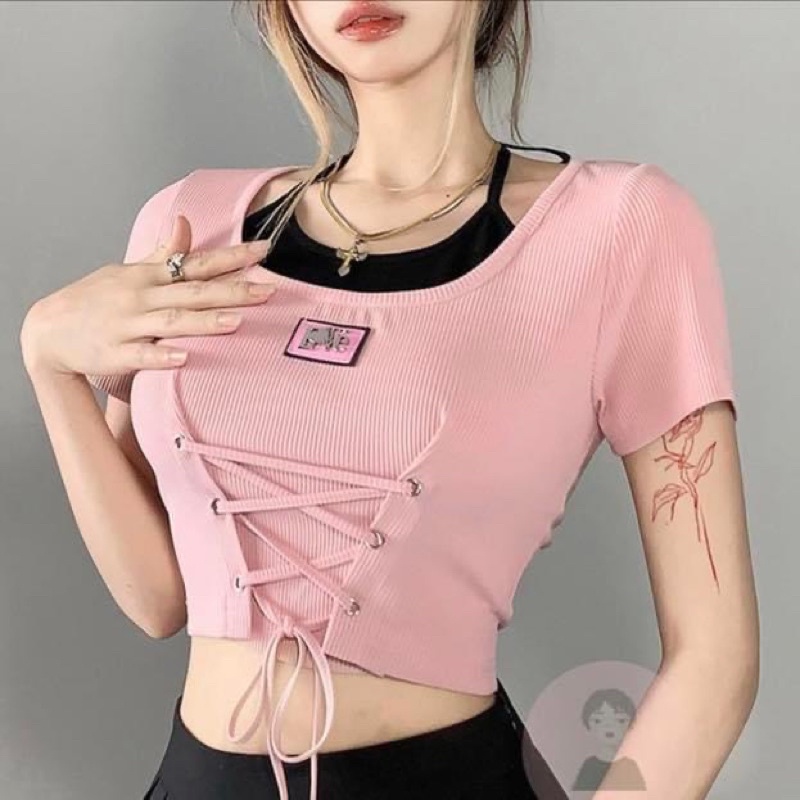 Áo kiểu thun gân tay ngắn phối dây yếm croptop nữ dây rút eo - Order taobao quảng châu