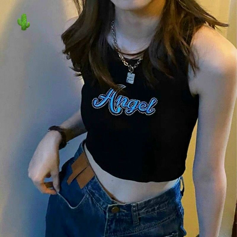 Áo croptop ba lỗ Vạt Bằng in chữ PC