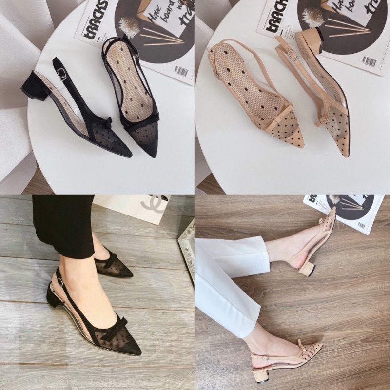 Giày/guốc/sandal gót vuông bít mũi chất lưới chấm bi gót vuông cao 3p