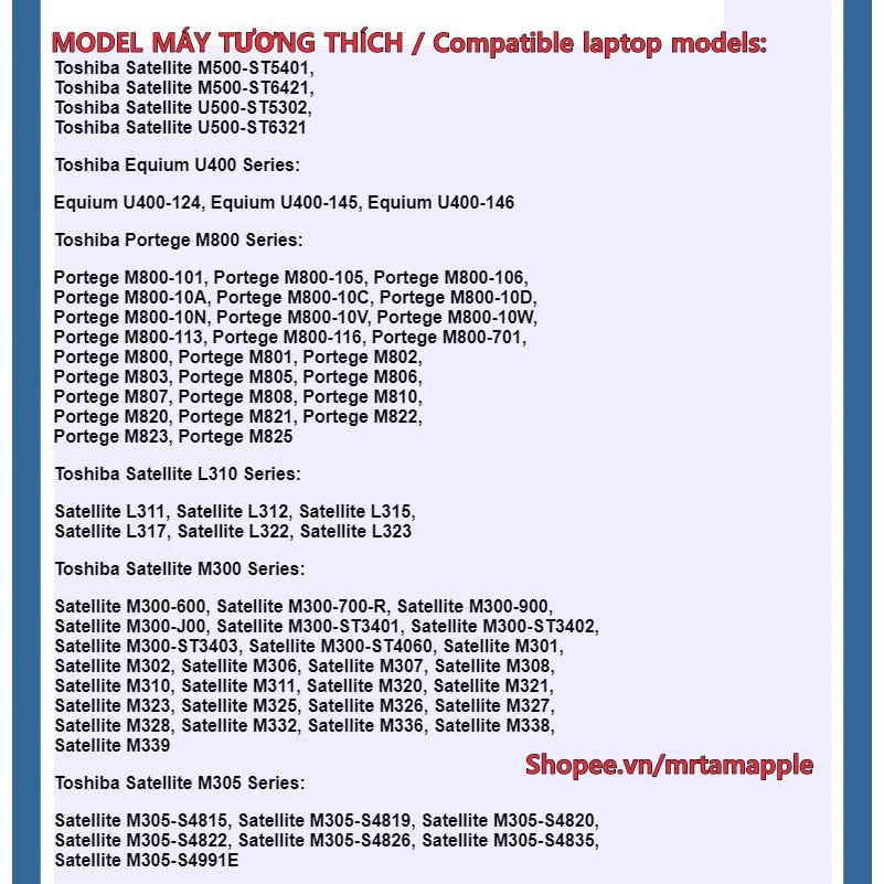 Pin Laptop TOSHIBA PA3634U - 6 CELL - Portege M800 M801 M802 M803 M805 M806 M807 M810 M819 M820 M821 M822 M823 M825 M830