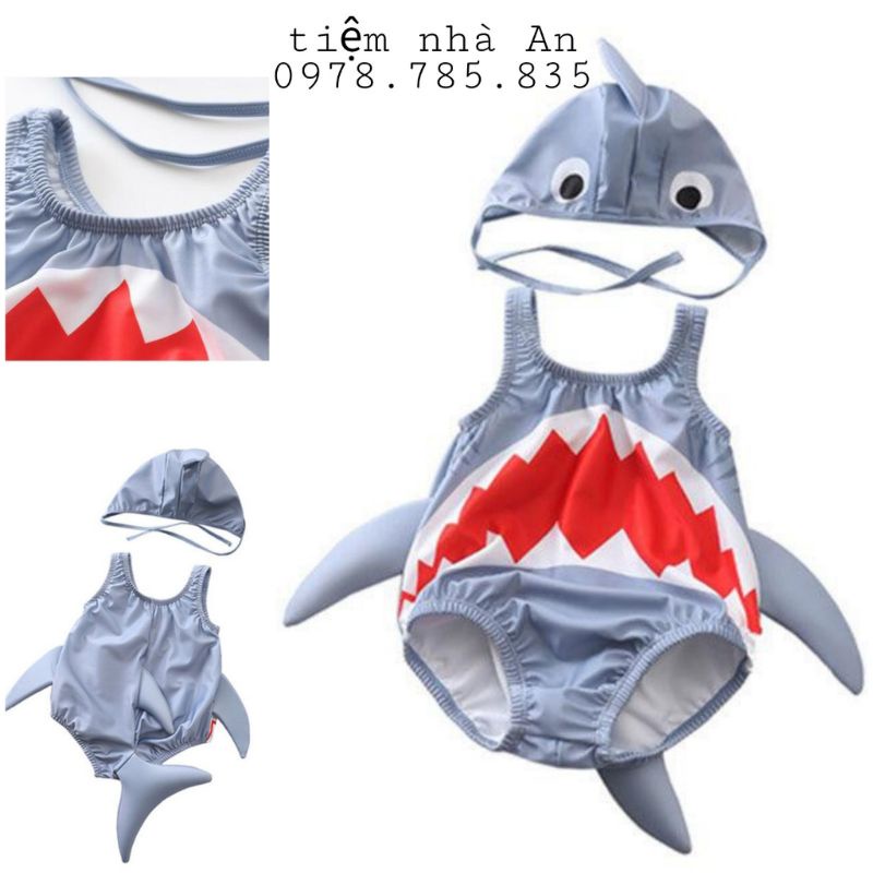 Set đồ bơi baby shark cá mập xám kèm mũ ngộ nghĩnh đáng yêu, đồ bơi bé gái , bé trai - tiệm nhà An