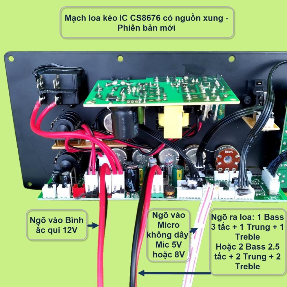 Mạch loa kéo CS8676 có nguồn xung kèm Micro đơn hoặc Micro đôi – Bluetooth Karaoke Guitar điện – cho loa kéo 3 tấc đơn