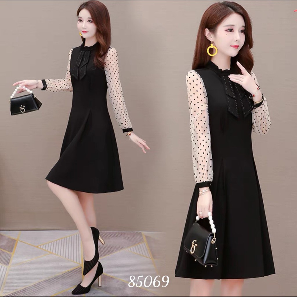 ĐẦM DÁNG XÒE CỔ NƠ TAY PHỐI LƯỚI BI SIÊU XINH THỜI TRANG