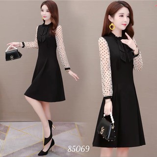 Đầm dáng xòe cổ nơ tay phối lưới bi siêu xinh thời trang