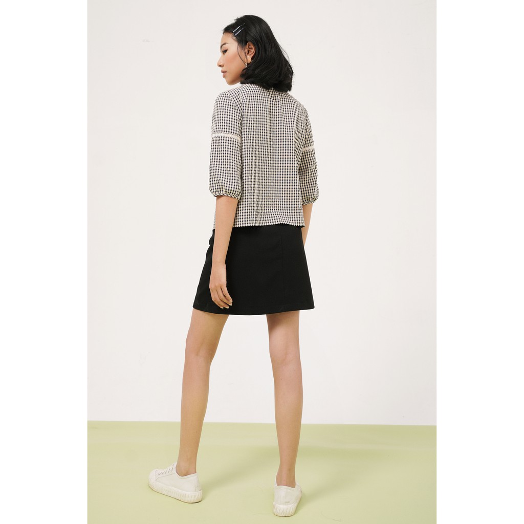 Áo Sơ mi gingham đen trắng cổ tàu thêu thân 1AO1026 ADORE DRESS | BigBuy360 - bigbuy360.vn