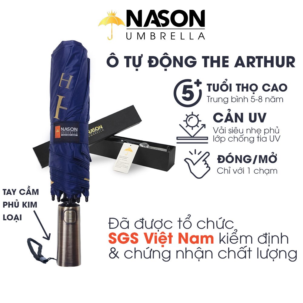 Ô dù đi mưa tự động thông minh Nason Umbrella The Arthur đóng mở 2 chiều, tay cầm phủ kim loại cao cấp màu Bronzo