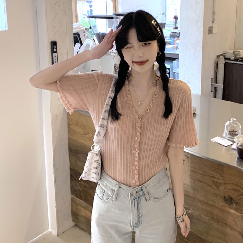 【ZHELIHANGFEI】 Áo Thun Cardigan Dệt Kim Lụa Lạnh Mỏng Tay Ngắn Cổ Chữ v Thời Trang Mùa Hè 2022 Phong Cách Mới Ngọt Ngào Cho Nữ