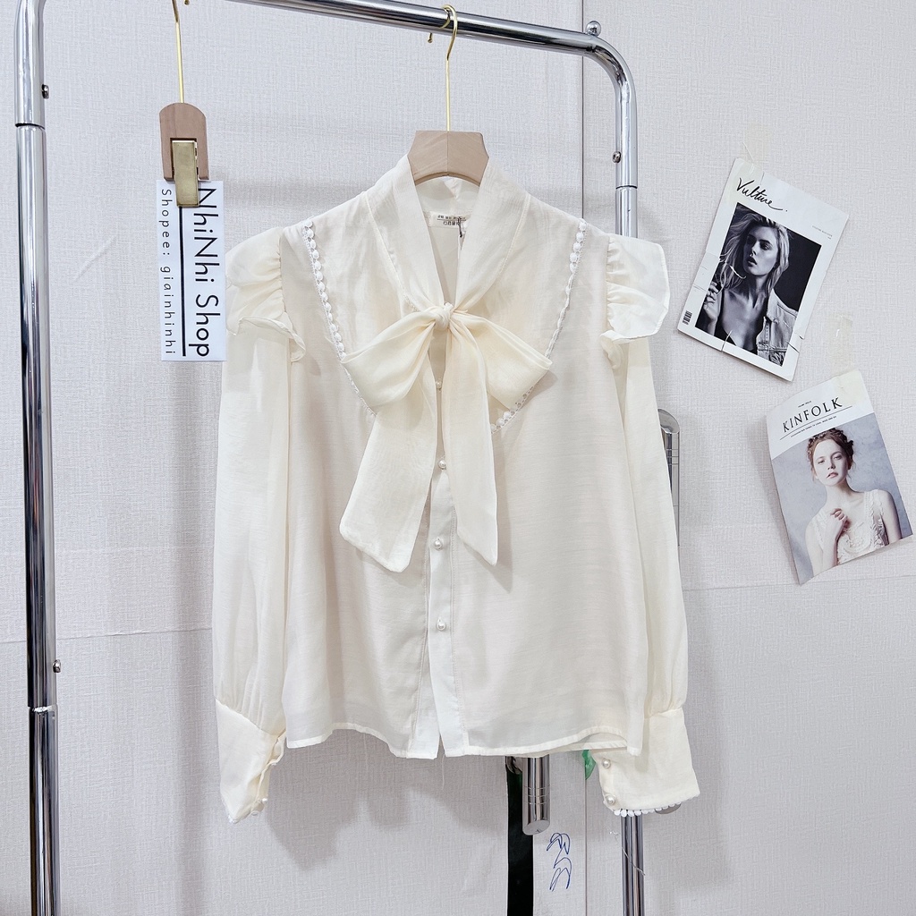 Áo sơ mi von cổ nơ bèo vai, Áo kiểu dài tay cổ buộc nơ thiểu thư SM9381 - NhiNhi Shop