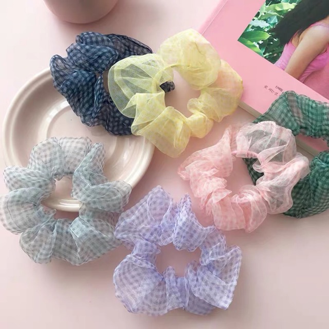 Cột tóc vải scrunchies voal caro