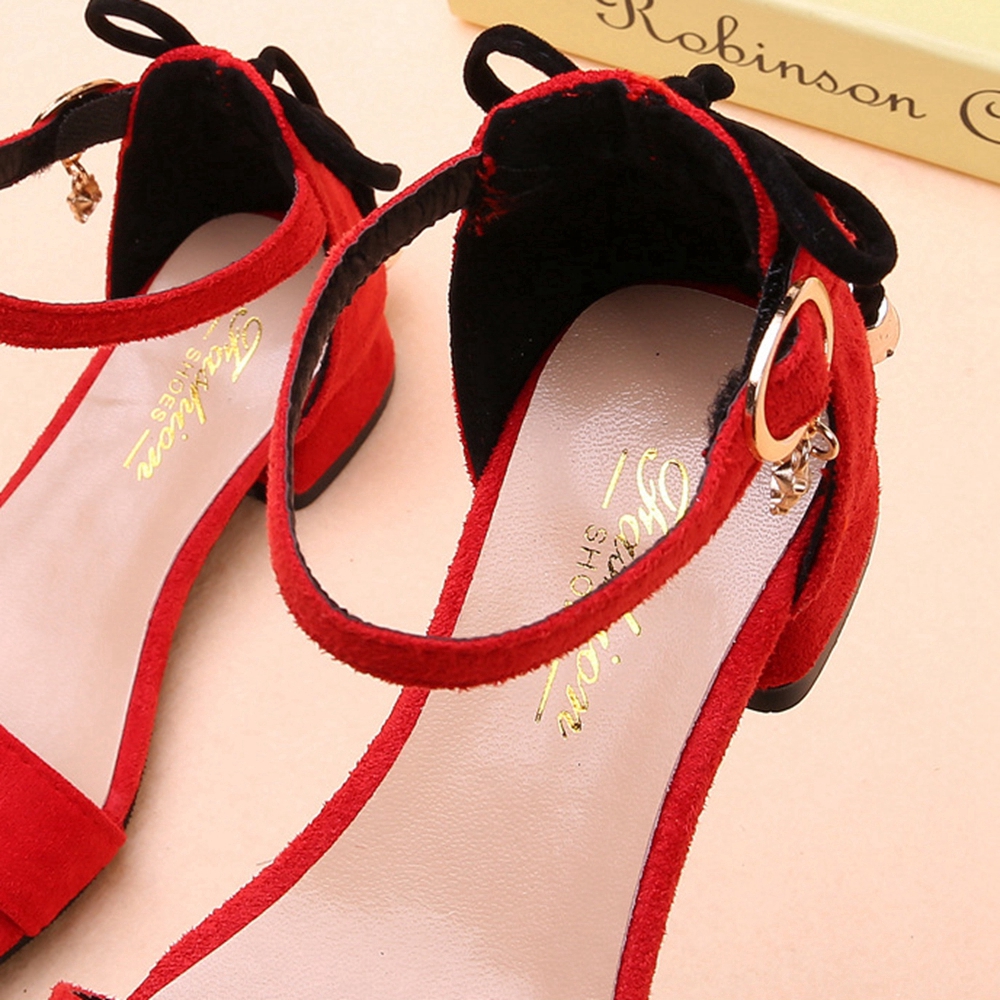 Giày sandal cao gót màu đỏ phong cách công chúa màu đỏ đen dành cho bé gái 4-16 tuổi kích thước 27-37