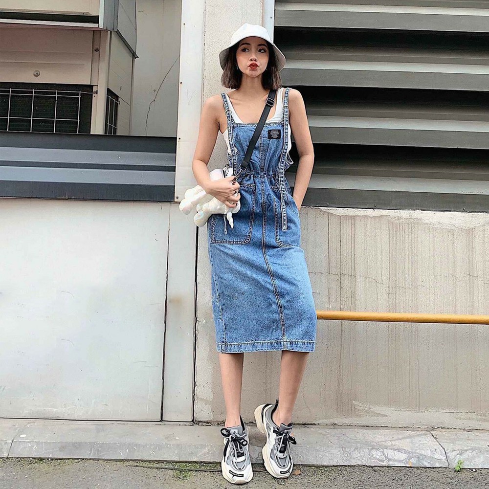 Yếm váy jean Nữ phối dây rút cao cấp, Yếm bò ulzzang phong cách Hàn Quốc - New trend 2021