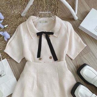 Set áo dạ line cổ nơ chân váy A