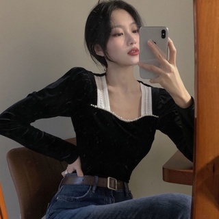 Áo nhung tay phồng cổ vuông phong cách retro dành cho nữ