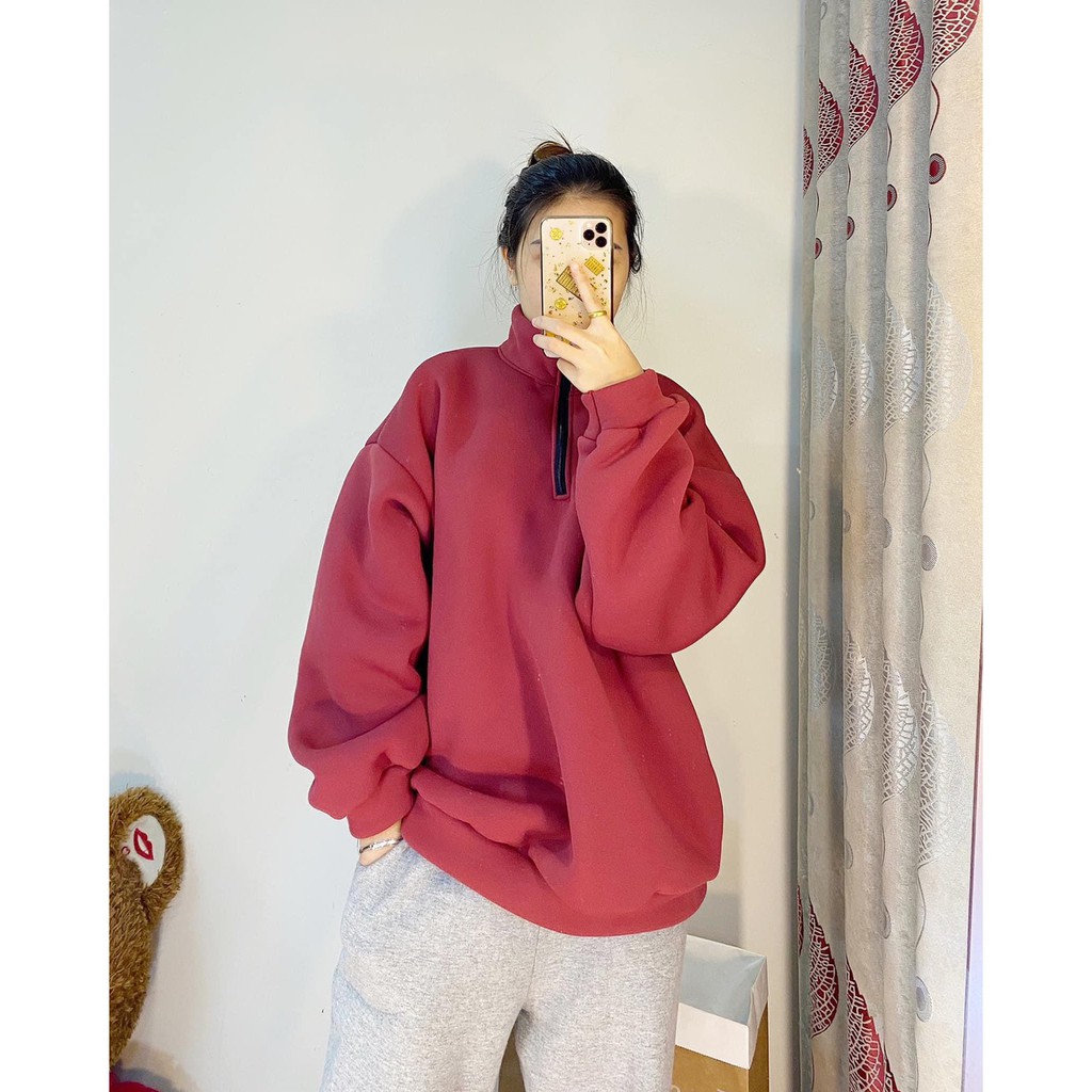 Áo nỉ lót lông cổ lọ tay phồng nữ - Hoodie khóa zip form rộng bigsize, thun sweater mùa đông ulzzang HOT