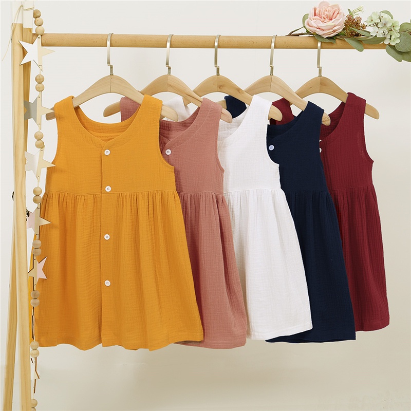 Đầm MIKRDOO bằng cotton màu trơn dễ thương không tay thời trang mùa hè cho bé gái mặc ngày lễ dự tiệc
