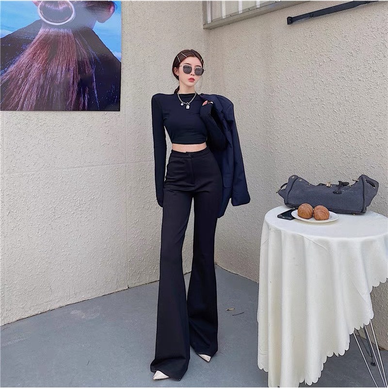 Quần ống loe cạp cao dáng dài cho nữ 1 cúc, quần tây ống rộng lưng cao công sở, legging loe dài, tôn dáng, mặc đi làm