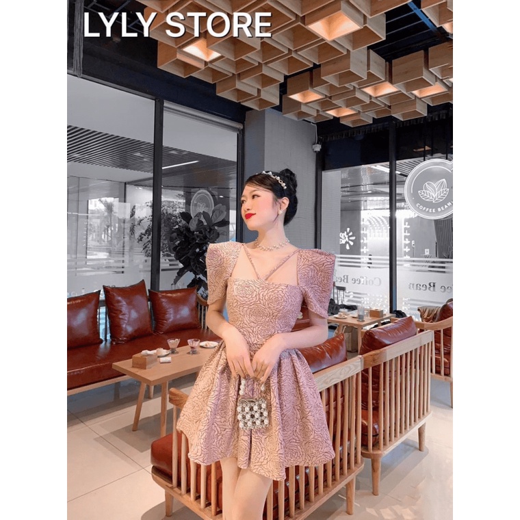 (Free ship) Đầm Gấm Hoa Kiểu Cách Cực Sang Trọng Cho Tiểu Thư | Thiết Kế Tay Vuông + Dáng Ngắn UP HHP Fashion