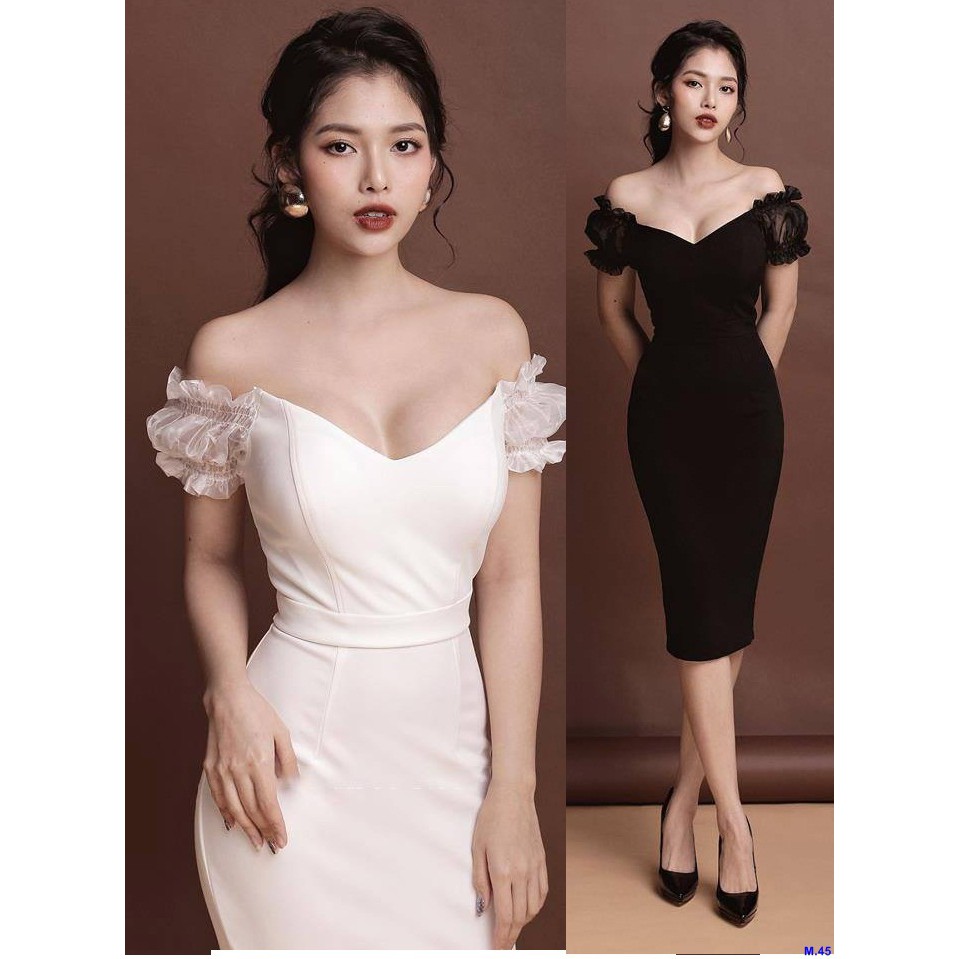Đầm Ôm Body Trễ Vai Tay Voan Gợi Cảm