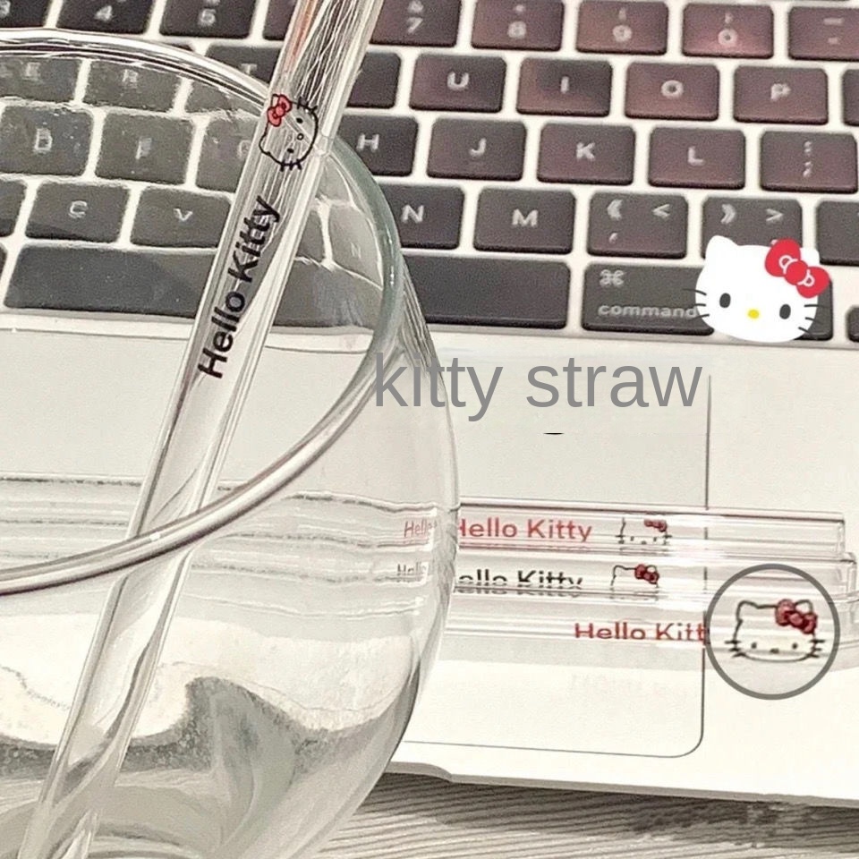 Bình Nước Thủy Tinh Trong Suốt Chịu Nhiệt Cao In Hình Hello kitty Kèm Ống Hút Tái Sử Dụng Tiện Lợi