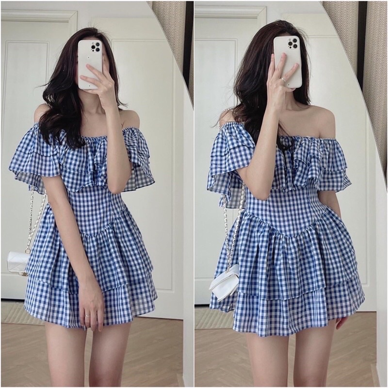 Đầm trễ vai kẻ caro, Váy trễ vai 2 tầng xanh có quần bảo hộ tiểu thư ulzzang Maitrangshop92 (TTA97)
