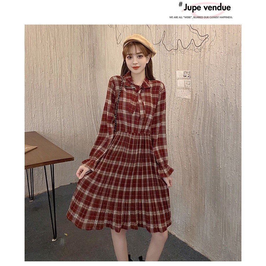 Váy kẻ babydoll cổ nơ dài tay dáng suông thời trang nữ phong cách dịu dàng/ Váy thu đông nữ kiểu dáng vintage hàn quốc