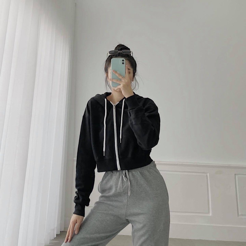 Áo khoác hoodie nữ nỉ da cá có dây kéo form lửng chuẩn xịn