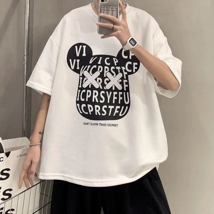Áo Thun Tay Ngắn Cổ Tròn Dáng Rộng In Hình Gấu Phong Cách Hồng Kông Thời Trang Mùa Hè Dễ Phối Đồ Cho Nam M-3XL