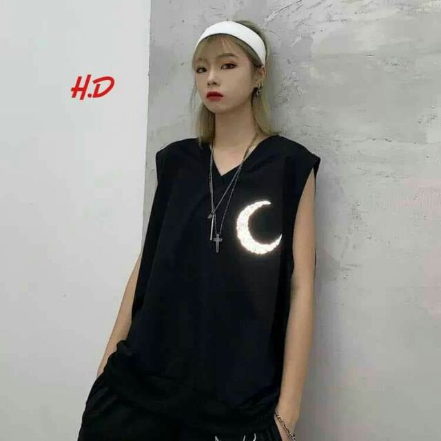 Áo gile mặt trăng phản quangtanktop phản quang bạc in hình mặt trăngchất cotton mềm mịnphong cách unisex kiểu dáng HQ