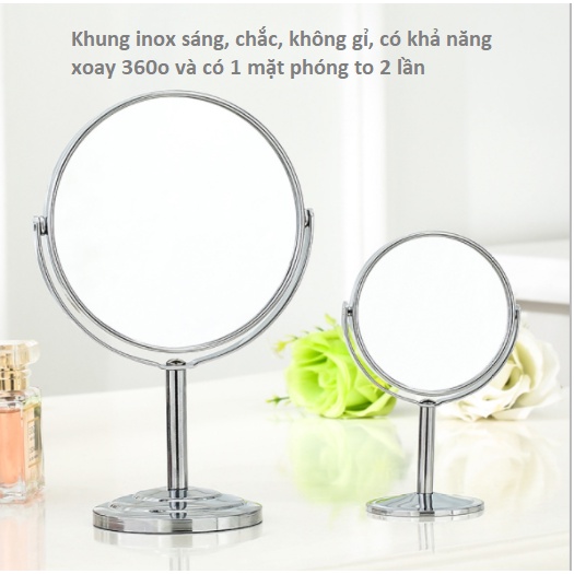 Gương Trang Điểm Inox Để Bàn Phóng Đại 2 Mặt Gương Cao Cấp VC