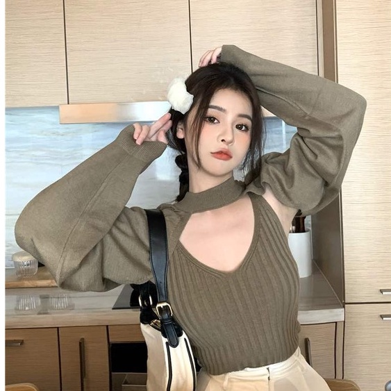 Áo mặc ngoài dệt kim cổ tròn thiết kế hở lưng dài tay thời trang gợi cảm cho nữ