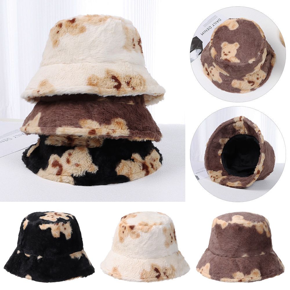 Mũ bucket lông cừu giữ ấm mùa thu đông hình gấu dễ thương cho nam nữ MIHAN1