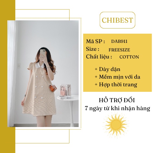Đầm suông caro ziczac nút bọc phối cổ sen CHIBEST 𝐀𝐃𝐁𝟗𝟏𝟏