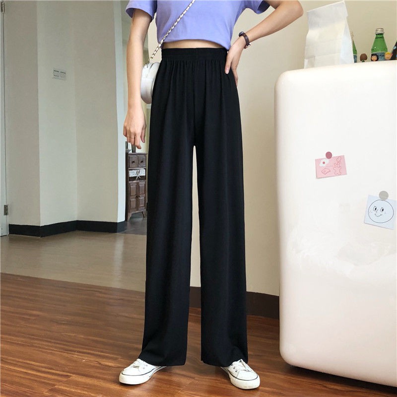 Hot Sale Ice silk wide-leg pants women spring and autumn high waist drape black loose summer thin mopping casual straight trousers