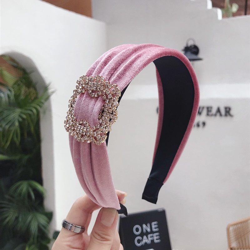 [Spot Free Shipping] Korea's New High-quality Boutique Hair Accessories Simple Temperament Diamond-studded Super Flash Headband Gold Velvet Broad-brimmed Headgear Ladies Accessories