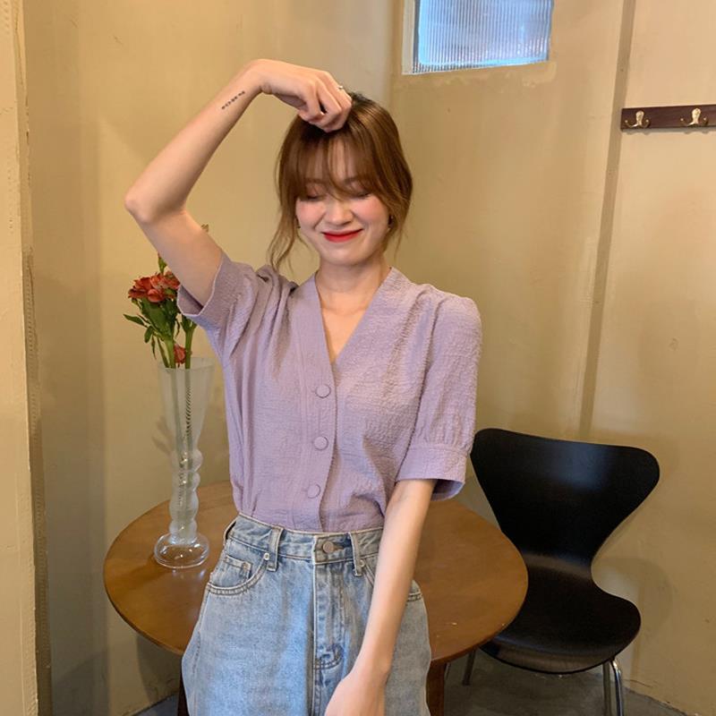 Áo kiểu tay ngắn phồng cổ chữ V phong cách retro thời trang mùa hè xinh xắn dành cho nữ