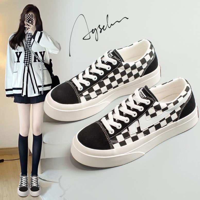 Giày thể thao nữ độn đế quảng châu caro cổ thấp kiểu dáng classic 2 màu đen và xám hot hit