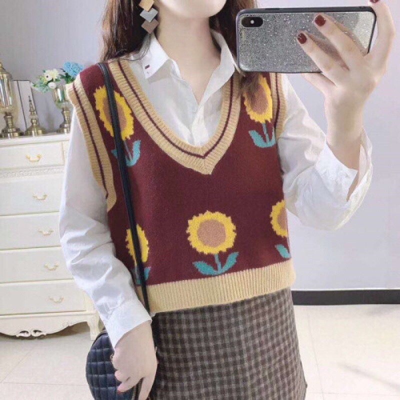 (Hàng sẵn)Áo len Gile-Hoạ tiết hoa hướng dương xinh xắn(kiểu dáng ngắn)